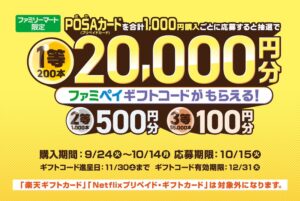 ファミリーマート限定、POSAカード購入登録応募で抽選最大20,000円分のファミペイギフトコードが貰えるキャンペーン開催中