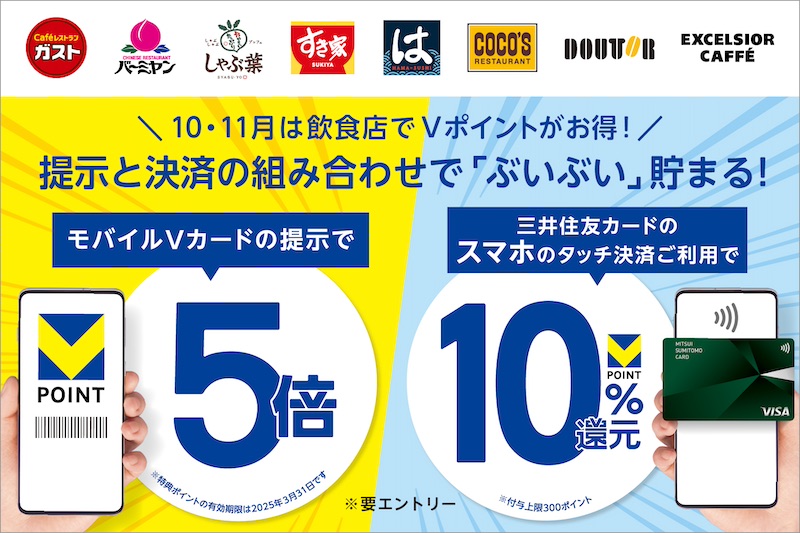 ガスト・すき家・ドトールなど対象店、モバイルVカード提示で5倍(2.5%還元)＋三井住友カードのタッチ決済で10%還元で合計12.5%還元。10月1日(火)～11月30日(土)