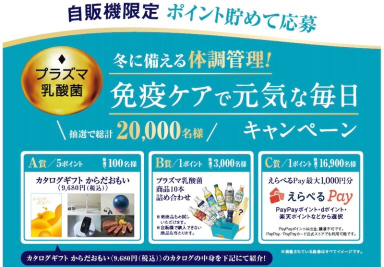 KIRIN「免疫ケアで元気な毎日キャンペーン」自販機限定で対象商品のバーコードを読み取ることでポイントを貯め応募。えらべるPay最大1,000円分など抽選で20,000名様に当たる。12月16日(月)まで